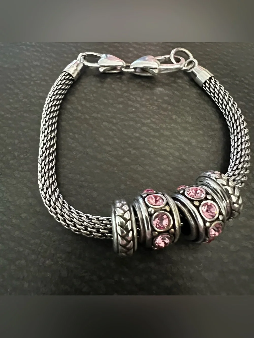 Silvertone Mesh Bracelet with Pink Crystal Spacer Beads